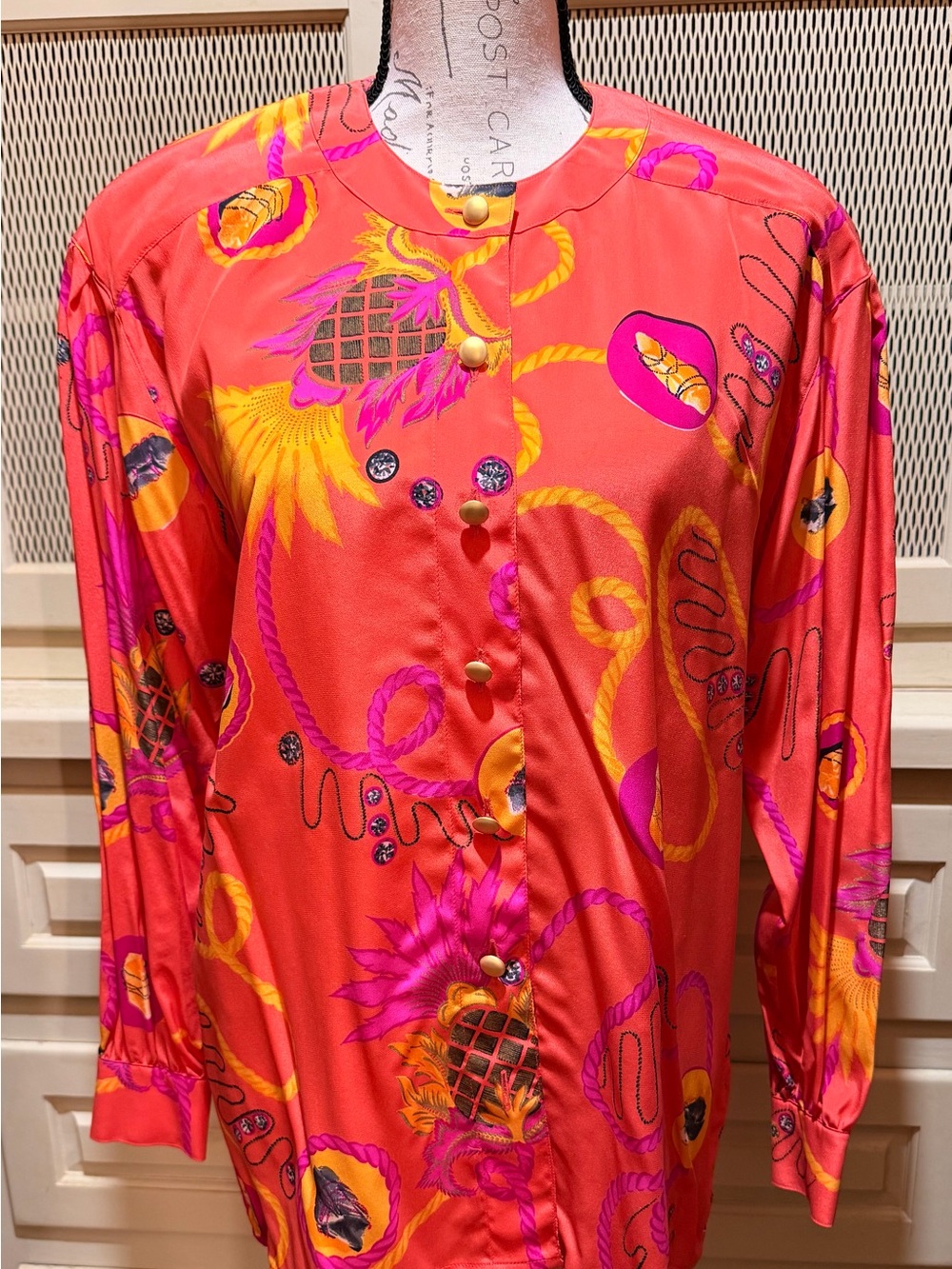 Rare 1980s Escada Silk Blouse Pineapple Feather Gem Print Top Gold Crest Buttons